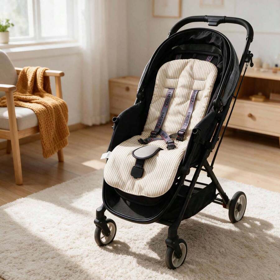 1pc Printed Fresh Style Spring/Autumn Universal Comfortable Baby Stroller Seat Cushion - Yellow and White Stripes - View 1