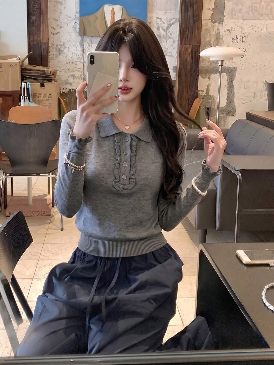 Autumn New Korean Style Square Shoulder Polo Shirt Button Long Sleeve Minimalist Versatile Knit Top - Grey - View 1