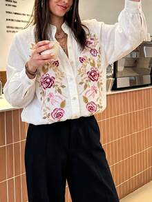 Women's White Floral Embroidered Stand Collar Long Sleeve Button Front Shirt Casual Business Office Home Vacation Spring Autumn Winter - White - View 5