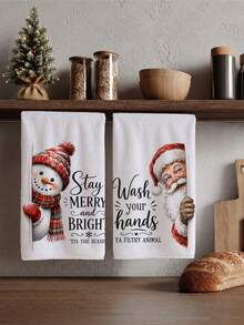 Funny Snowman & Santa Claus With Text Pattern Kitchen Towel 2 Pieces Set, 40*60cm Soft Microfiber Material, Suitable For Home Kitchen Restaurant Outdoor Camping Tabletop Cleaning Dish Cloth Hand Towel Accessories, Humorous Christmas Theme Holiday Gift - Multicolor - View 2