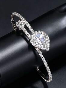 1pc Luxury Water Drop Zirconia Leaf Cross Elastic Open Bangle, Women's Daily Jewelry Accessory Full Rhinestone Silver Adjustable Bracelet For Party, Banquet, Dress, Versatile - Silver - View 1