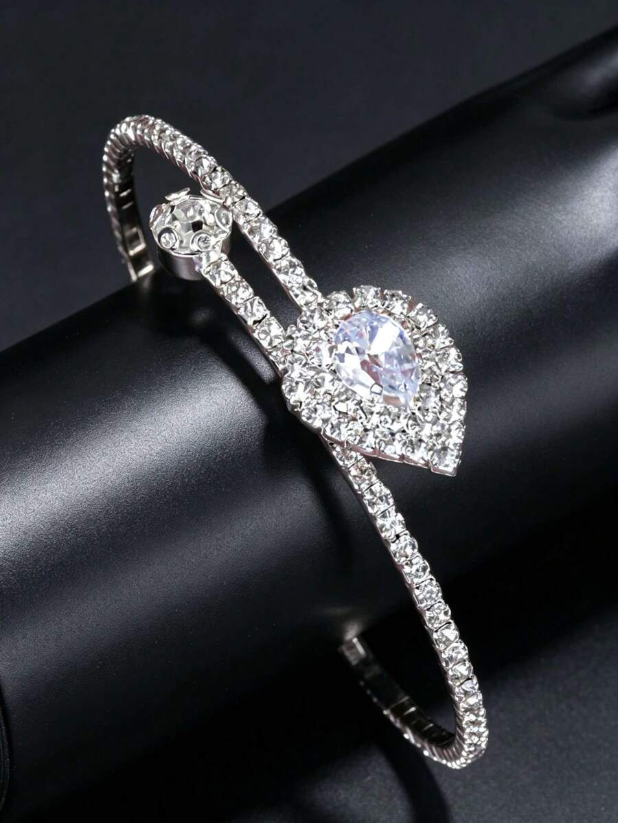 1pc Luxury Water Drop Zirconia Leaf Cross Elastic Open Bangle, Women's Daily Jewelry Accessory Full Rhinestone Silver Adjustable Bracelet For Party, Banquet, Dress, Versatile - Silver - View 1