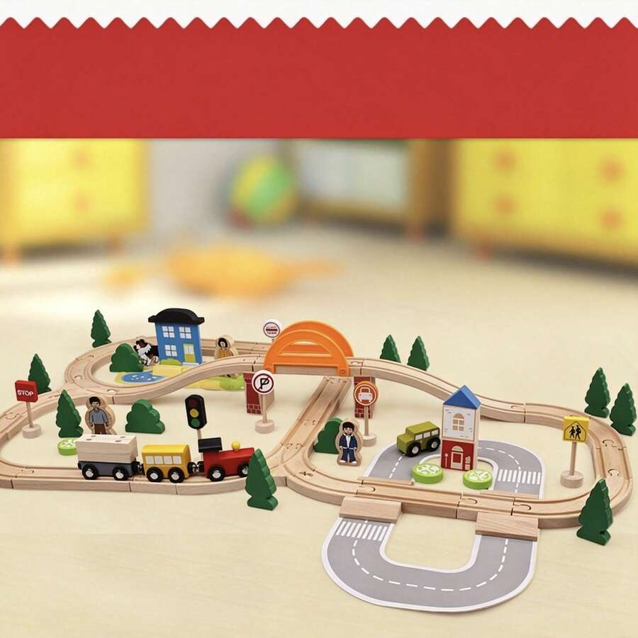 1 Set 78pcs Wooden Train Track Set, Children's Assembly & Building City Railway Transportation Toy, Develops Spatial Logic & Concentration, Parent-Child Interaction Early Education Gift Box - Multicolor - View 1