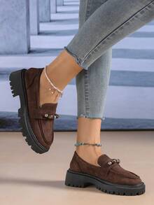 New Women's Vintage Beaded Suede Solid Color Loafers, Thick Platform Serrated Sole Slip-On Wedge Pumps, Fashionable Versatile - Brown - View 4