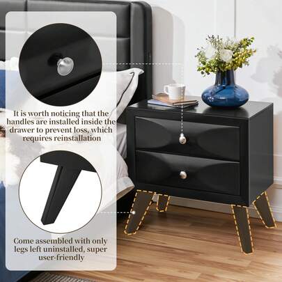 Pre-Assembled Nightstand Set Of 2, 2-Drawer Bedside Tables, Black Easy Setup: Add Legs & Knobs; Each Top Holds 44 Lb; Four 17"W Drawers Hold 11 Lb Each; 24.5" W Each; Fits Guest Rooms
