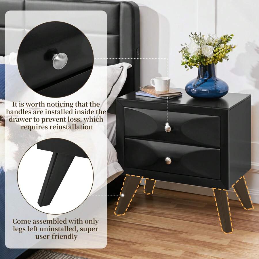 Pre-Assembled Nightstand Set Of 2, 2-Drawer Bedside Tables, Black Easy Setup: Add Legs & Knobs; Each Top Holds 44 Lb; Four 17"W Drawers Hold 11 Lb Each; 24.5" W Each; Fits Guest Rooms - Black - View 1