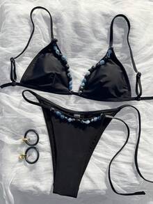 女款時尚優雅黑色夏季泳衣套裝，適合春夏海邊度假、海濱活動與度假穿搭 - 黑色 - 查看 4