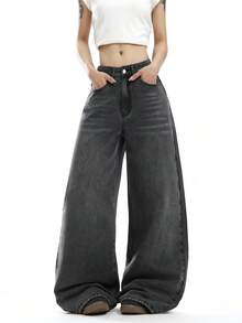 1pc American Street Fashion Women Rhinestone Denim Jeans Loose Comfortable Wide Leg Pants All Season Versatile Denim Long Pants (This Product Does Not Include Belt/Accessories) - Black - View 2