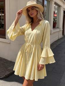 Women's Solid Color Frill Trim Flare Sleeve Fashion Casual Dress - Light Yellow - View 6