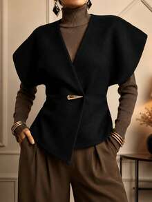 IGKEEL Women's Wool Vest Jacket, Solid Color Asymmetrical Hem With Metal Decorative Buttons, Suitable For Work, Daily Wear, Commuting And Office Occasions, Autumn/Winter - Black - View 2