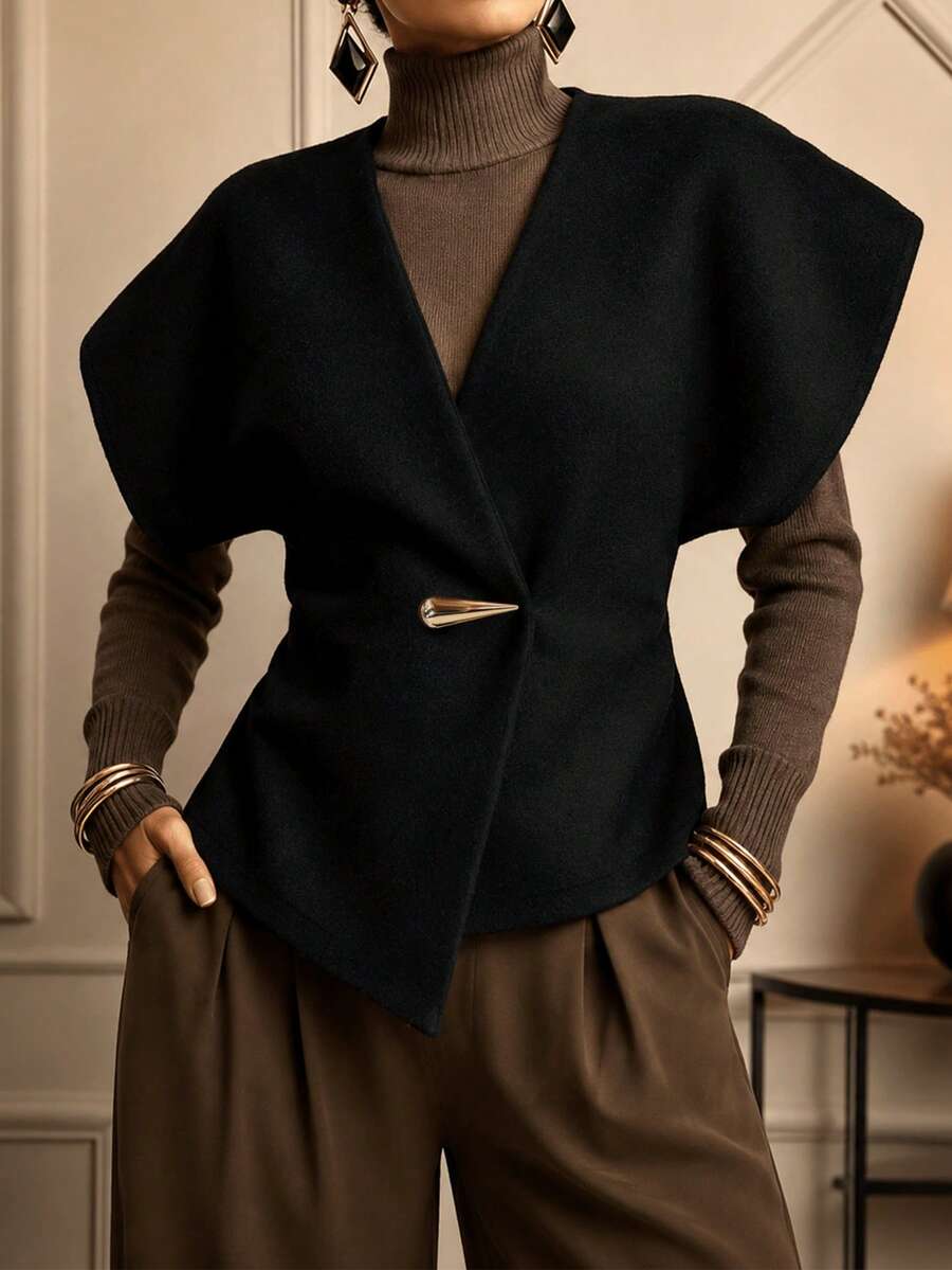 IGKEEL Women's Wool Vest Jacket, Solid Color Asymmetrical Hem With Metal Decorative Buttons, Suitable For Work, Daily Wear, Commuting And Office Occasions, Autumn/Winter - Black - View 1