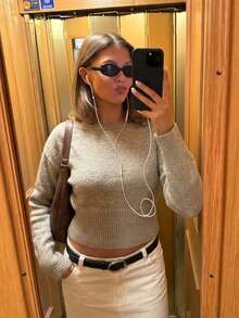 Women's Fashion Short Pullover Sweater Long Sleeve Knit Top With Cuffed Design Winter Outfit - Khaki - View 1