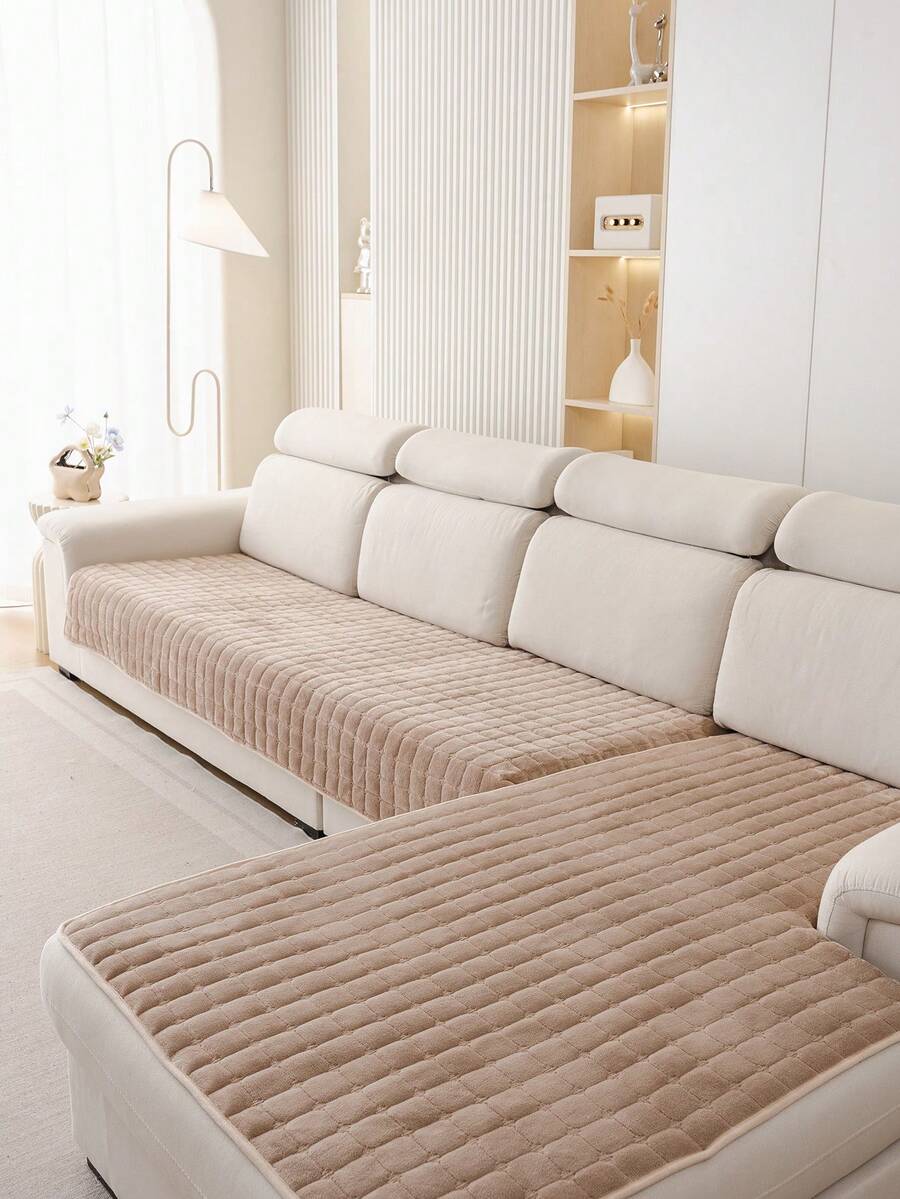 1pc Bohemian Style Quilted Thick Plush Sofa Cover - Machine Washable, Suitable For 1-4 Seater Pet-Friendly Sofa Protector, Soft Flannel Fabric, Perfect For Living Room, Bedroom, Office, Home Decor - Khaki - View 1