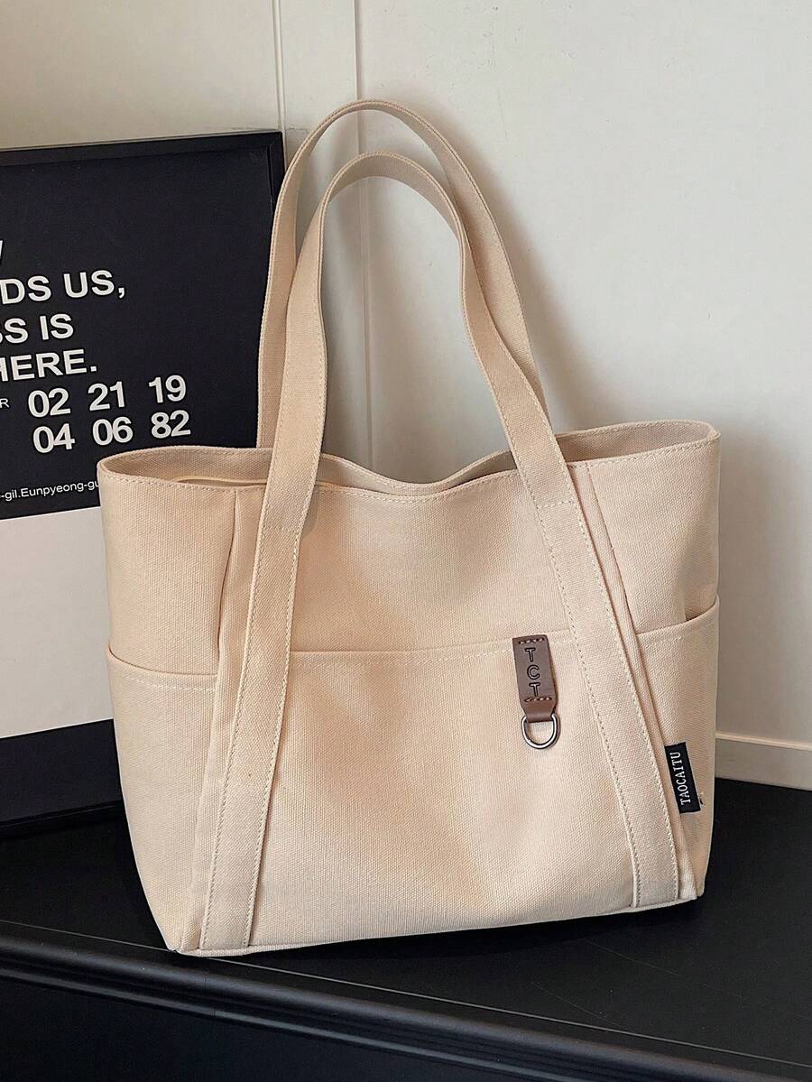 Minimalist Large Capacity Multi-Pocket Solid Color Tote Bag Shoulder Bag Big Pouch Suitable For Travel, Shopping, Vacation, Can Hold Laptop, Textbooks, Clothes - Beige - View 1