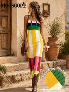 Women's Spring/Summer New Vacation Fashion Casual Spaghetti Strap Striped Zipper Slit Colorblock Bodycon Maxi Dress Elegant - Multicolor - View 9
