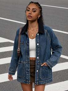 Women's Vintage Washed Denim Shacket, Corduroy Shirt Collar, Long Sleeve Regular Length, Suitable For Autumn Wear - Blue - View 7