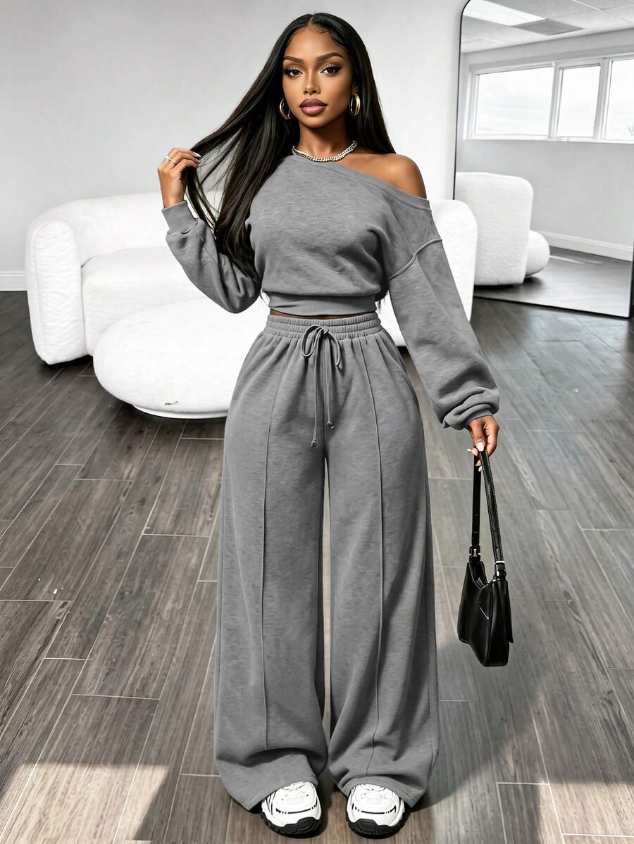 RNU Women's Dark Gray Asymmetric Shoulder Cropped Sweatshirt Set, Autumn/Winter Off-Shoulder Loose Lantern Sleeve, Cropped Waist-Flattering Design With Drawstring High-Waist Straight Leg Wide-Leg Sweatpants Side Pocket Design, Casual Home Slouchy Relaxed 2 Pieces Set - Grey - View 1