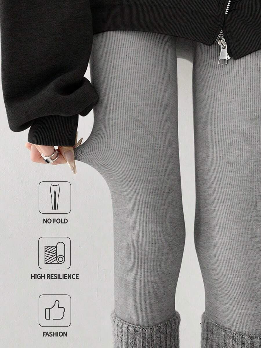 1 Pair Women's Light Gray Vertical Striped Ribbed Tights, High Elastic Knit Slimming Base Layer, Suitable For Commuting, Campus And Daily Wear - Light Grey - View 1