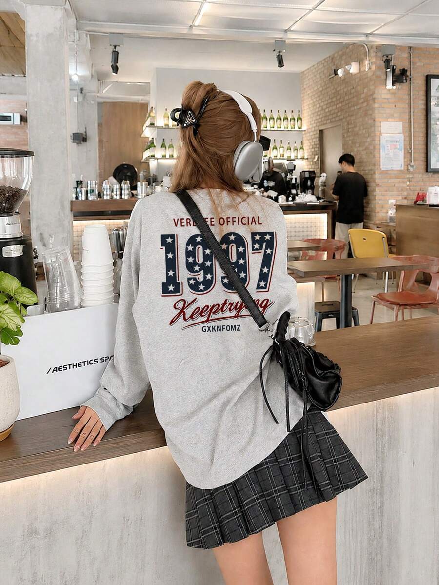 Women's Fashion Spring/Summer Loose Round Neck Casual Streetwear Versatile Cartoon Print Long Sleeve T-Shirt - Light Gray - View 1