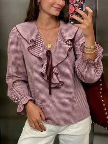 Women's New Autumn Y2K Fashion Retro Plaid Ruffle Trim Blouse, Long Bell Sleeve Ruffle Collar Top, Fall Outfit For Women, Suitable For Daily Wear, Halloween, Back To School, School Dance, Date, Dinner And Various Occasions - Multicolor - View 7