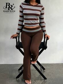 BADDIE REALM Atasan Bergaris 2 Potong Wanita Elastis untuk Pakaian Sehari-hari - MultiWarna - View 3