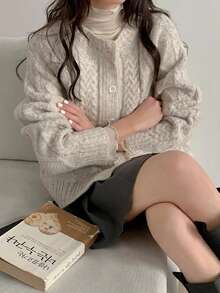 Women's Soft Fluffy Cable Knit Cardigan Sweater, Loose Slouchy, Autumn/Winter - Picture Color - View 5