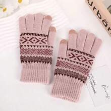 1 Pair Knitted Touchscreen Gloves - Washable, Woven Fabric, Thick Double Layer Warmth For Autumn/Winter, Colorblock Elastic Cuff Cold-Proof Gloves - Multicolor - View 12