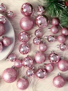 44pcs Pink Christmas Ball Ornament Set With Hanging Rope And Pink Bows, Suitable For Christmas Tree, Holiday, Wedding Party, Home Decor, Shatterproof Shiny Holiday Hanging Decorations - Pink - View 8