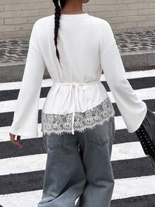 Women's Casual Long Sleeve Top, Elastic White Lace Hem, Suitable For Work, Elegant - White - View 2