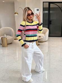 Autumn Y2K Women's Multi-Color Striped Front Button Cardigan, Preppy Casual Street Style Daily Outerwear, Minimalist Fashion Autumn Outfit - Multicolor - View 11