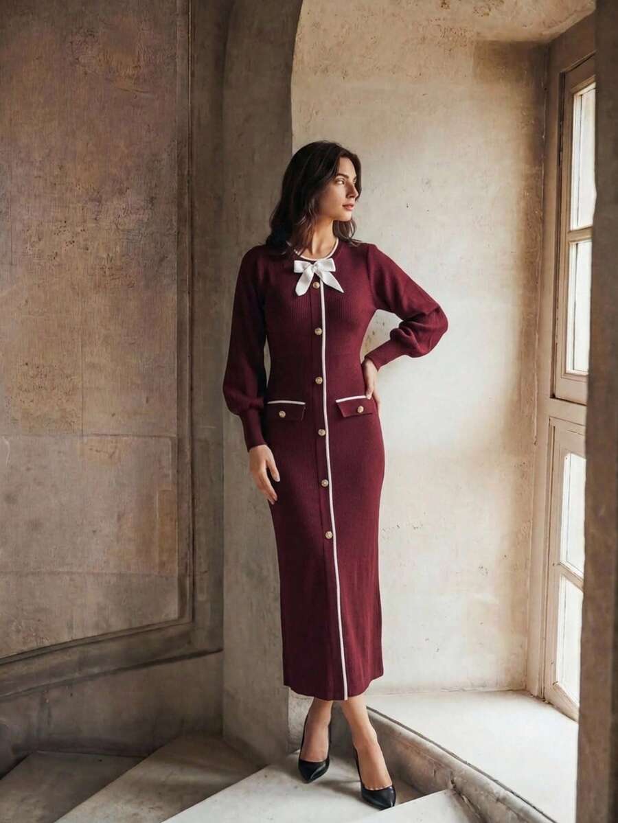 Women's Knit Dress With Contrast Trim, Bow Detail And Button Front - Burgundy - View 1