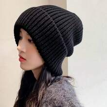 1pc Women Thick Knit Multi-Color Beanie Hat, Korean Style Warm Loose Fit Ear Protection Knitted Cap, Versatile For Autumn/Winter,Summer,Beach - Black - View 2