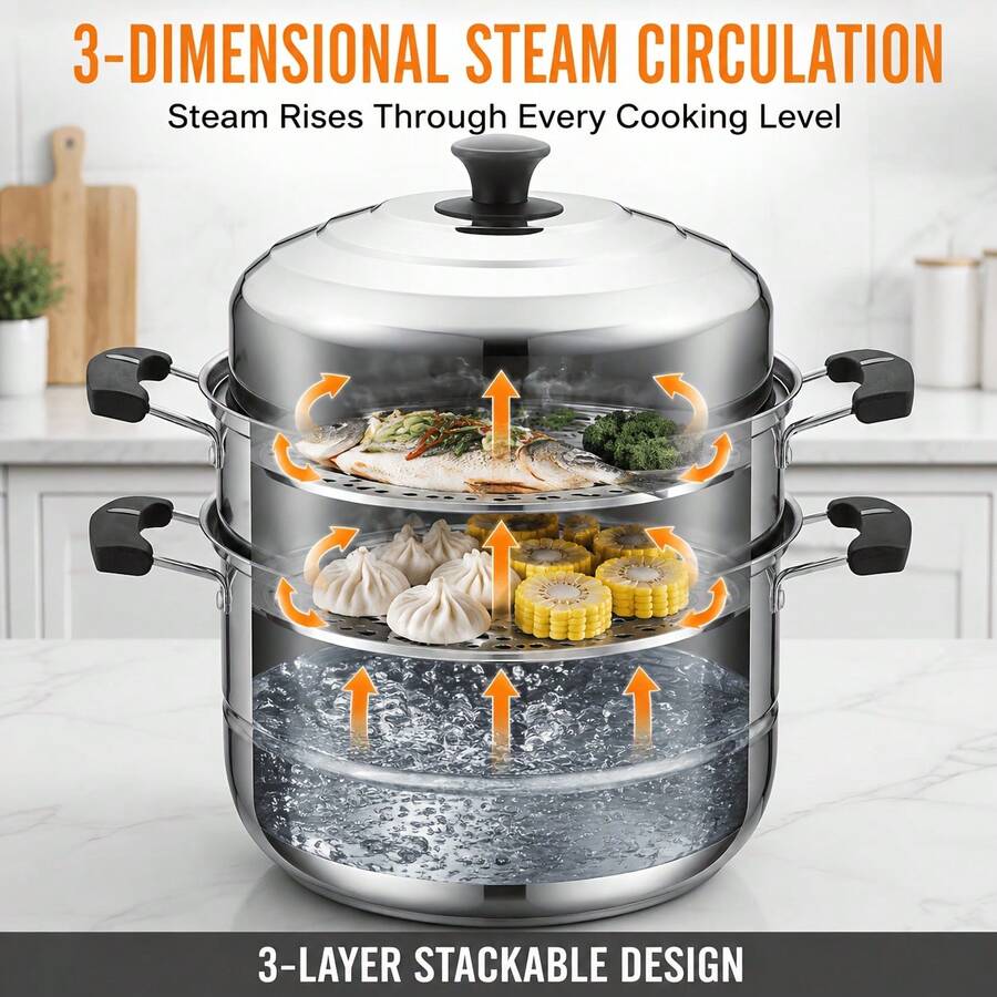 Panci Kukus 3 Tingkat Bertumpuk dari Stainless Steel, Tinggi 28cm (11,02 inci), Panci Masak Multi-Lapisan dengan Tutup Kaca Tempered, Peralatan Masak Serbaguna untuk Kompor Gas & Kompor Induksi, Ideal untuk Mengukus Sayuran, Makanan Laut, dan Penggunaan Dapur Rumah Tangga Sehari-hari