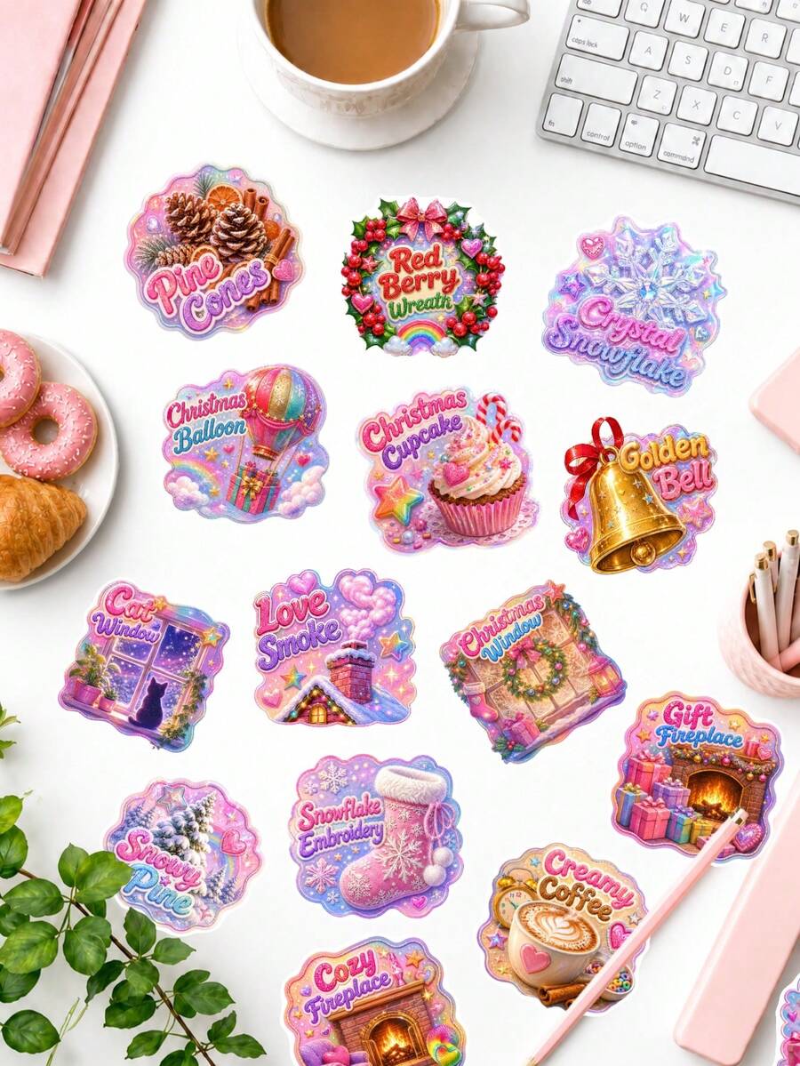 50Pcs Pastel Christmas Sticker Pack For Kids, Xmas Snowflake Fireplace Wreath Decals, Christmas Party Favors Stickers For Goodie Bags, Gift Envelopes & Holiday Gifts - Multicolor - View 1