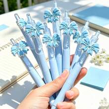 20pcs Aesthetic Blue Bow Decor Retractable Gel Pens, 0.5mm Black Ink Smooth Writing Pens,School Office Supplies,Birthday Gift,Party Favors - Blue - View 3