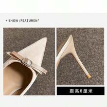 Women's Satin Pointed Toe Slingback Stiletto High Heels, Bow & Rhinestone Decor Backless Pumps, Elegant Party Wedding Shoes - Champagne - View 8