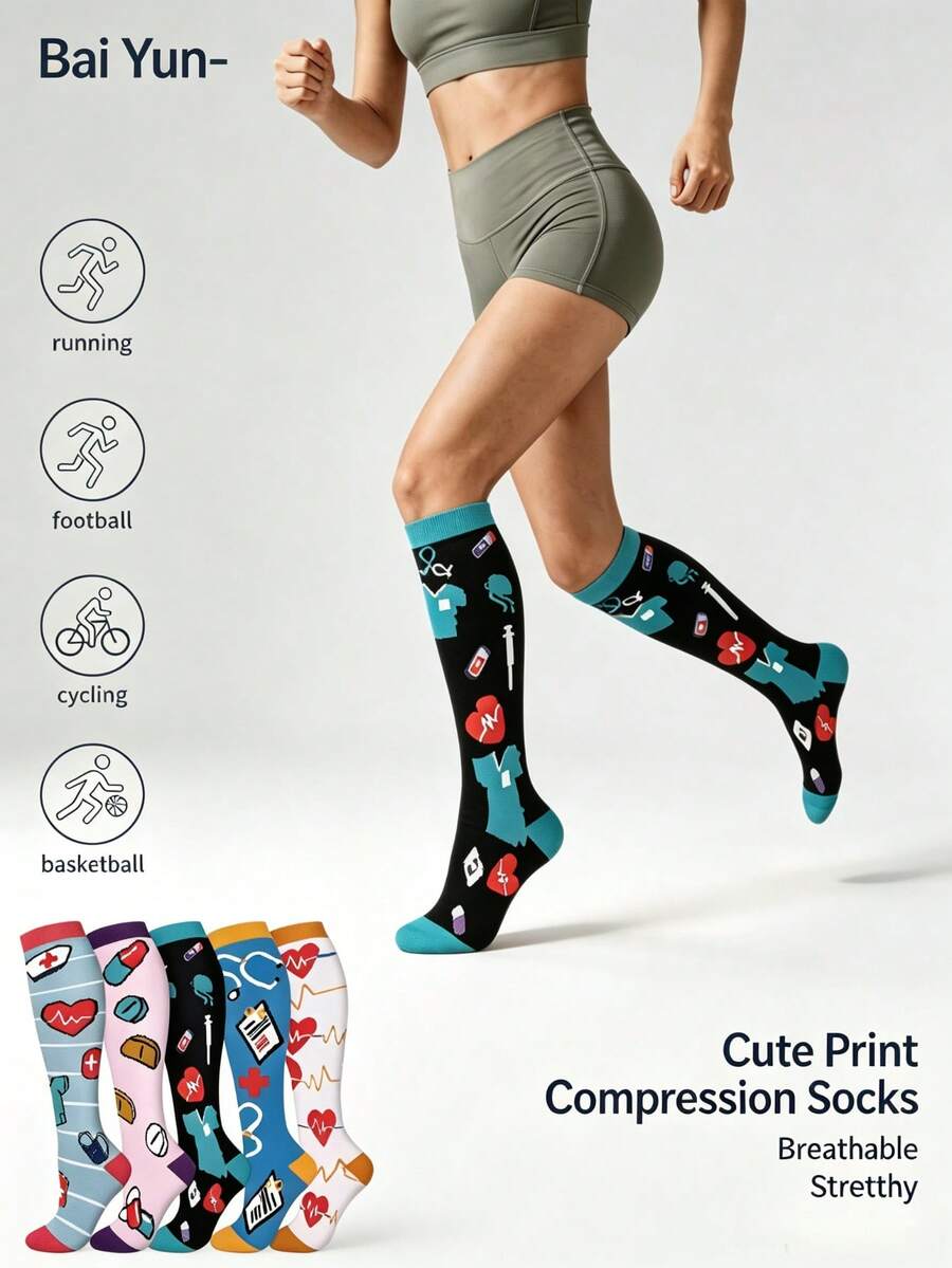 1/3 Pairs Men Women Elastic Pressure Compression Socks, New Fall Styles Women, Swelling Varicose Relief, Fall Style For Flight Hiking Running - Multicolor - View 1