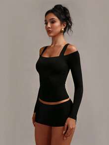 XLLAIS Women's Solid Color Raglan Long Sleeve Fitted Casual Versatile T-Shirt - Black - View 3