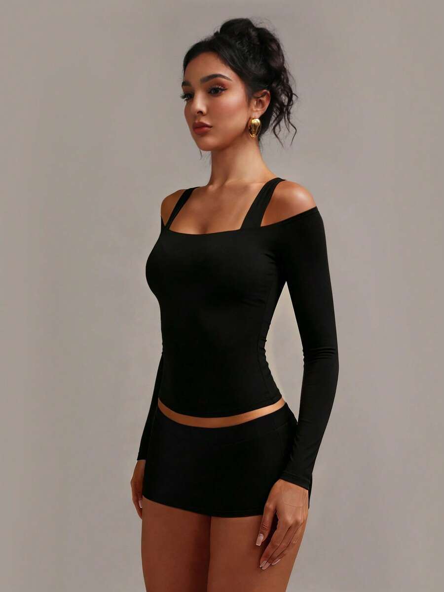 XLLAIS Women's Solid Color Raglan Long Sleeve Fitted Casual Versatile T-Shirt - Black - View 1