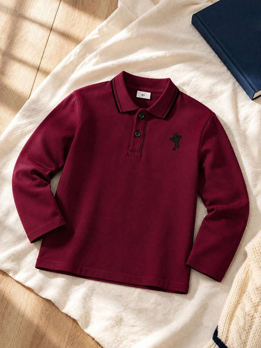 Áo polo tay dài màu đỏ rượu vang cho bé trai, thêu hình hiệp sĩ và cổ kẻ sọc phong cách preppy, phù hợp đi học, mặc hàng ngày, mùa thu/đông - Màu Đỏ Sâu - Xem 1