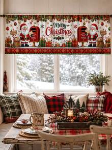 1pc Letters To Santa Christmas Kitchen Valance, Nostalgic North Pole Polyester Rectangular Rod Pocket Window Topper With Santa Mailbox Gift Boxes & Holly, Festive Short Curtain For Dining Room Family Christmas Deco - Multicolor - View 6