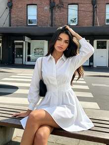 女款白色純色優雅派對度假海灘簡約通勤日常時尚休閒浪漫復古可愛長袖襯衫洋裝 - 白色 - 查看 1