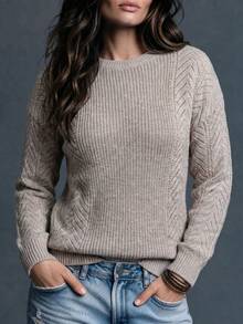 Plus Size Women's Oatmeal Color Knit Sweater, Long Sleeve Round Neck Straight Loose Fit With Cable Cable Hollow Texture, Minimalist Casual Commute Daily Office Autumn/Winter Party Top - Khaki - View 1