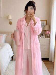 Autumn/Winter Solid Color Vertical Striped Flannel Long Robe, 3D Textured Fabric Soft And Fluffy Without Clumping, Classic Open Front Bathrobe Style With Matching Waist Tie, Loose Drop Shoulder Long Sleeve Design, Extended Length For Full Body Warmth, Dual Side Practical Pockets, Minimalist Solid Color Versatile For All Skin Tones, Popular Home Bathrobe In Europe, America And Middle East - Pink - View 2