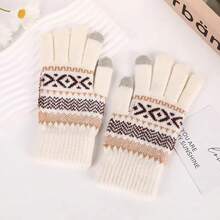 1 Pair Knitted Touchscreen Gloves - Washable, Woven Fabric, Thick Double-Layer Warmth For Autumn/Winter, Colorblock Elastic Cuff Cold-Proof Gloves - A - View 14