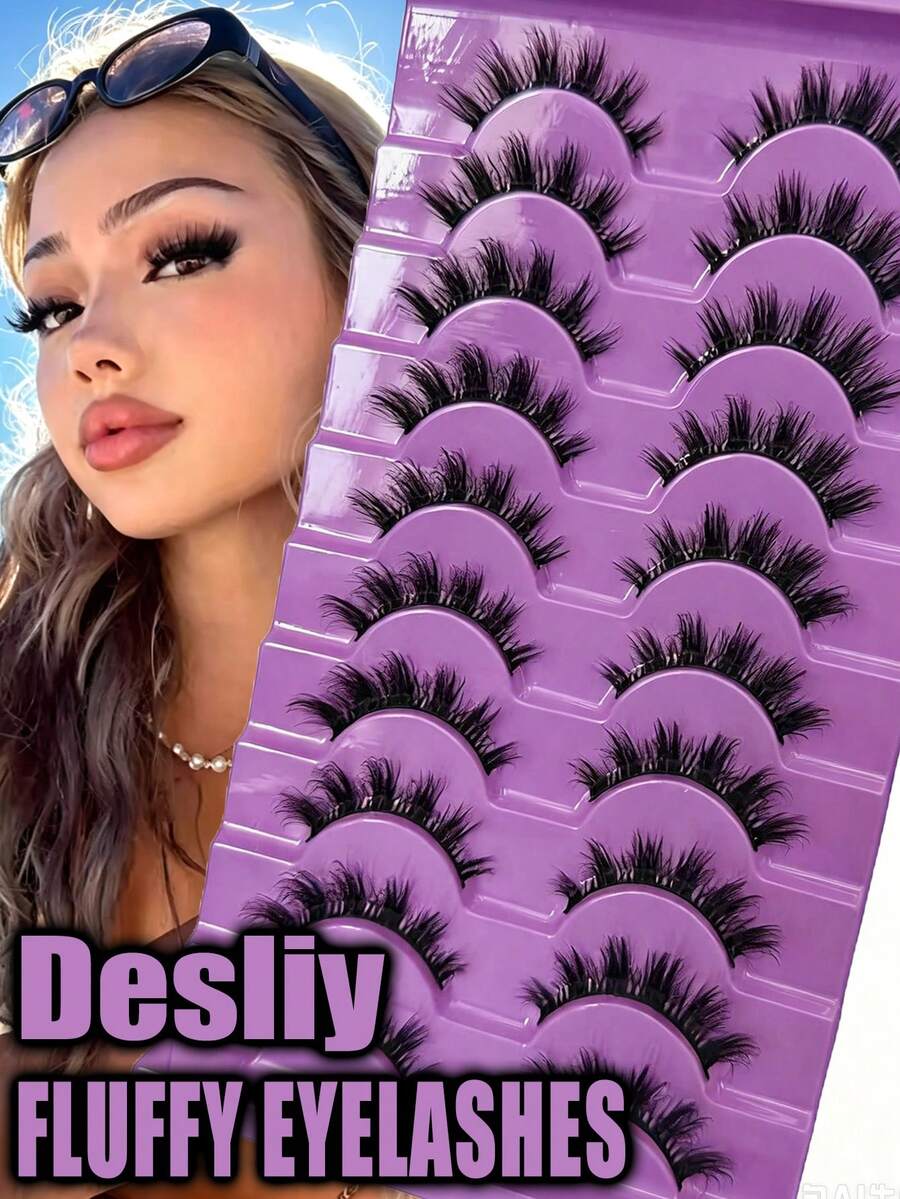 10 Pairs Natural False Eyelashes, Volumized Eyelash Extension,Travel Essentials Makeup Tools, Strip Lashes,Lashes,Eyelashes,Fake Lashes Dramatic Fluffy & Natural Wispy Volume Lashes Multipack For Daily Party Eye Makeup - Purple - View 1