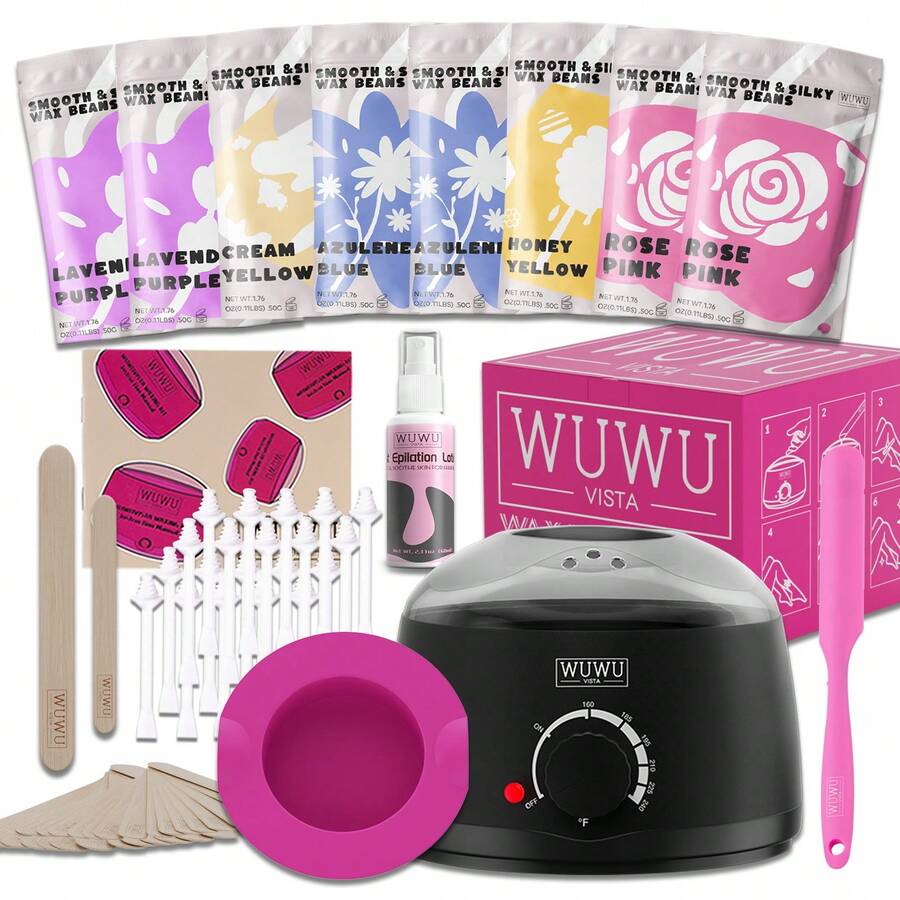 WUWUVISTA Wax Heater Depilatory Machine, 63pcs Set, Suitable For Hands, Feet And Body SPA Hair Removal, Includes Wax Melter, Silicone Inner Liner, Silicone Spatula, Wax Beads, Wooden Sticks
