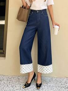 Vintage Dark Blue Mid-High Waist Wide Leg Jeans For Women, Polka Dot Print Patchwork Hem Loose Straight Leg Contrast Color Design Denim Pants - Dark Wash - View 4