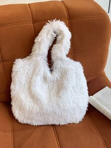 Autumn/Winter New Solid Color Long Fur Vest Style Tote Bag, Soft & Lightweight Plush Handbag, Fashion Casual Underarm Large Capacity Shoulder Bag For Women's Daily Use - White - View 4
