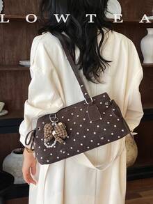 low tea 1pc Polka Dot Square PU Fabric Shoulder Bag, Suitable For Commuting, Shopping, Etc. (With Pendant) - Coffee - View 10